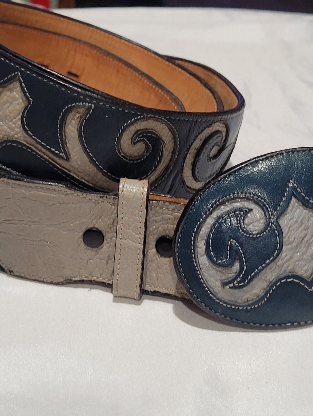 Tony Lama Mens Western Cowboy Leather Belt 46 Blue Grey Cowhide Leather W Buckle